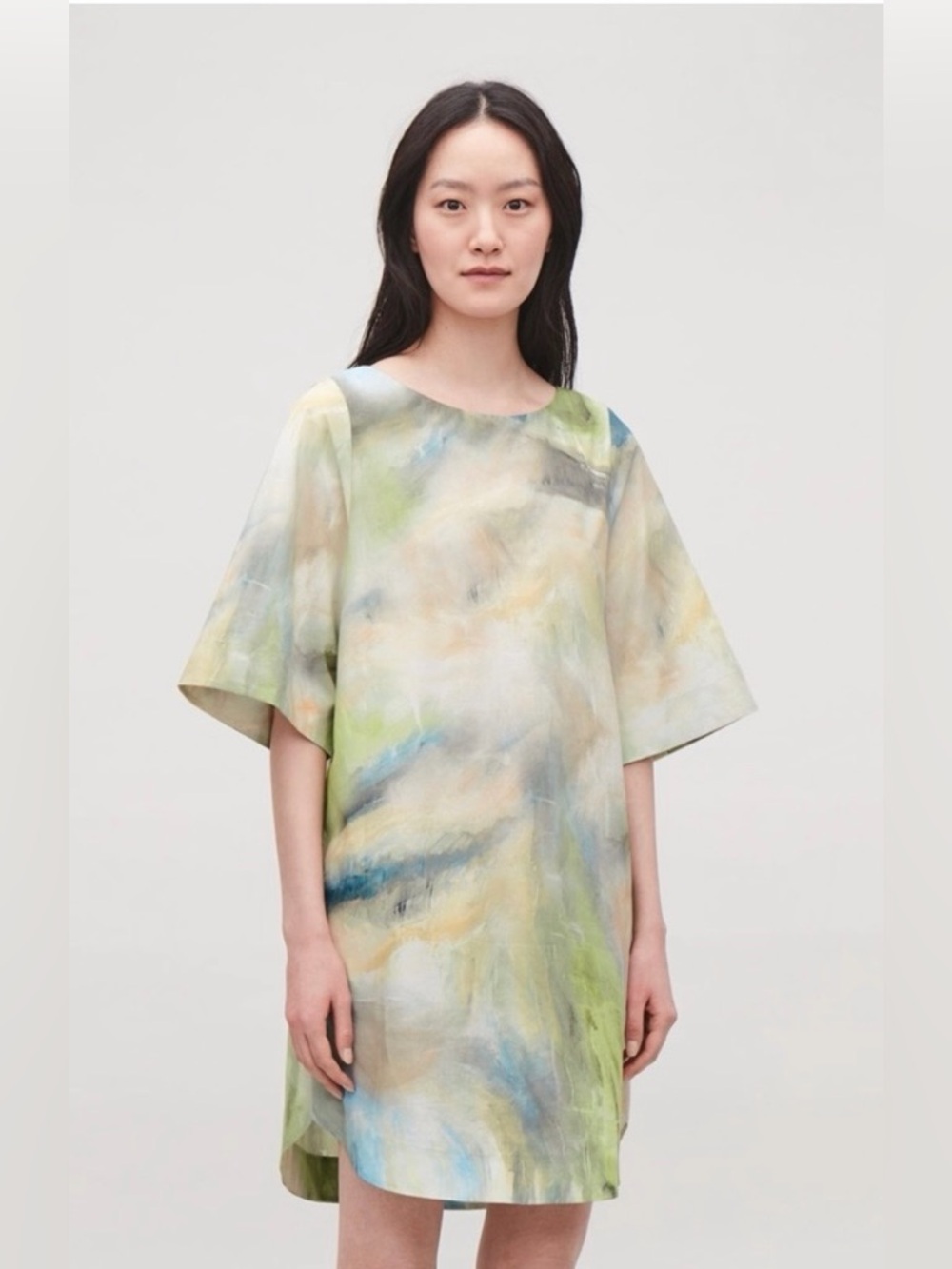 COS Watercolor Print Shift Dress in Blue, Green & Cream
